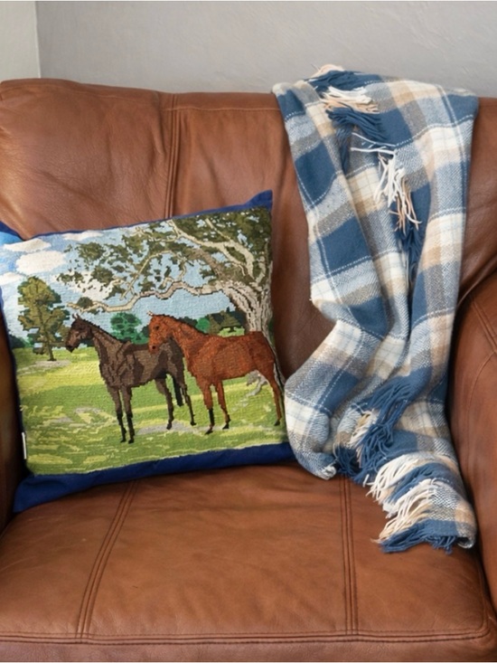 Other - Horse Embroidered Needlepoint Pillow with Blue Backing